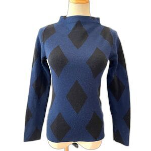 Ann Taylor Blue Black Argyle Sweater Mock Neck Diamonds XXSP Wool Blend
